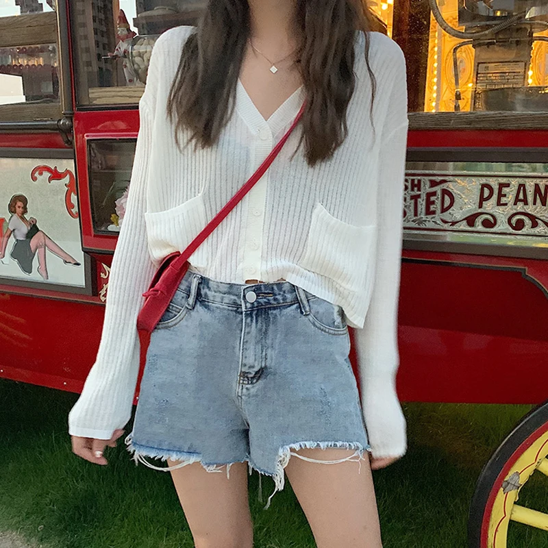 

women short design spring summer new thin V-neck knitted sweater female girls loose sunscreen cardigan Air Conditioning Shirt