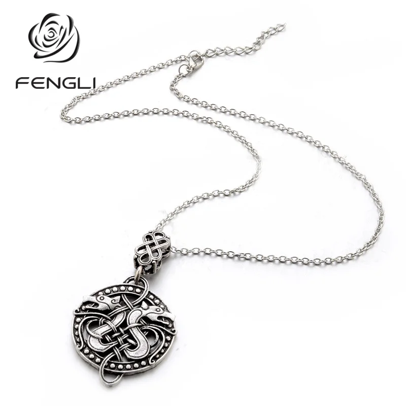 

FENGLI Double Dragon Retro Necklace Slavic Viking Antique Handmade Norse Pendants&Necklaces Charm Metal Choker