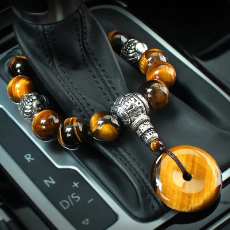 Car Ornament Natural Tiger Eye Stone Car Gear Bead Pendant Interior Gear Beads Peace Symbol Chinese Style Auto Decor Accessories