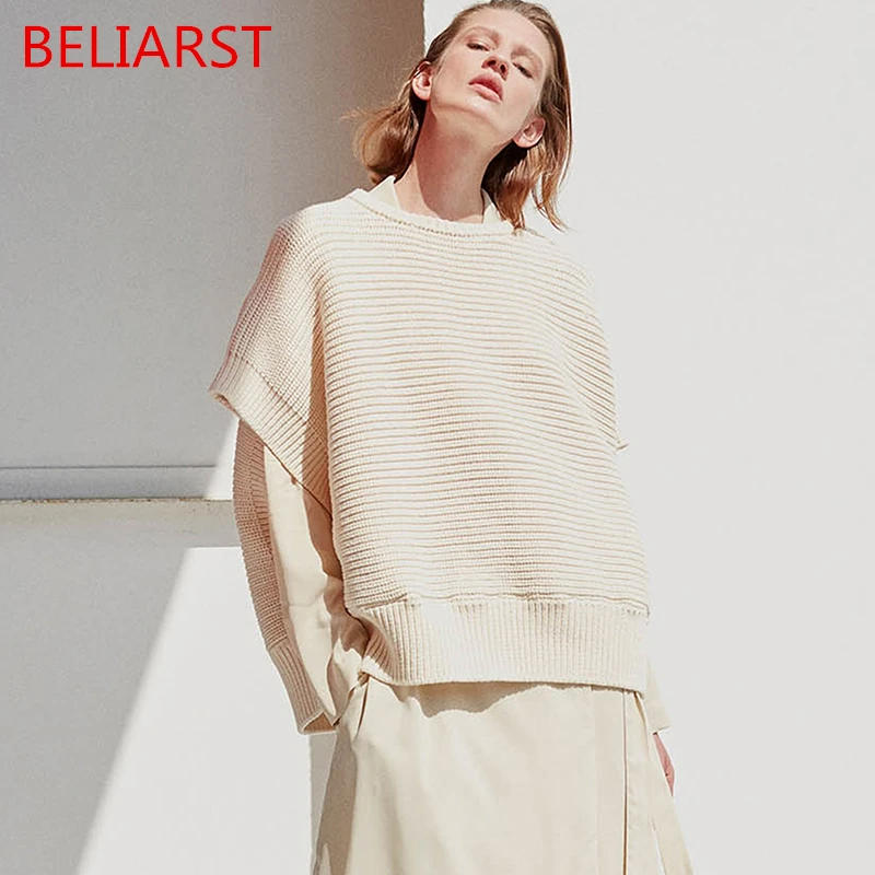 

BELIARST Autumn New Large Size Sweater Short Sleeve Round Neck Texture Ladies Sweater Vest Pullover Loose Casual Knit Bottoming