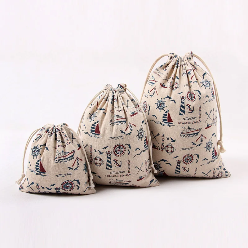 sailboat New Cotton Linen Gift Bag Travel Drawstring Storage Bags