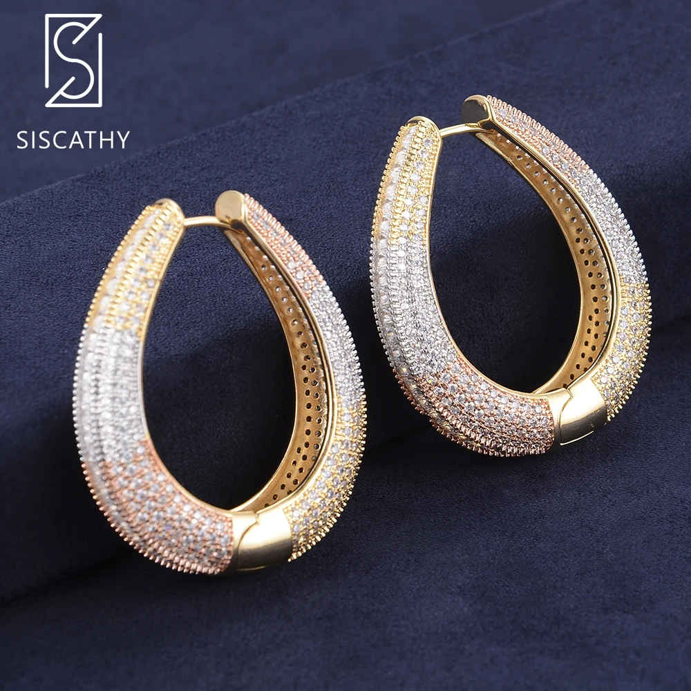 

SISCATHY Trendy Geometric Oval Big Hoop Earrings Cubic Zirconia Nigerian Wedding Jewelry Earrings For Women Girls Engagement New