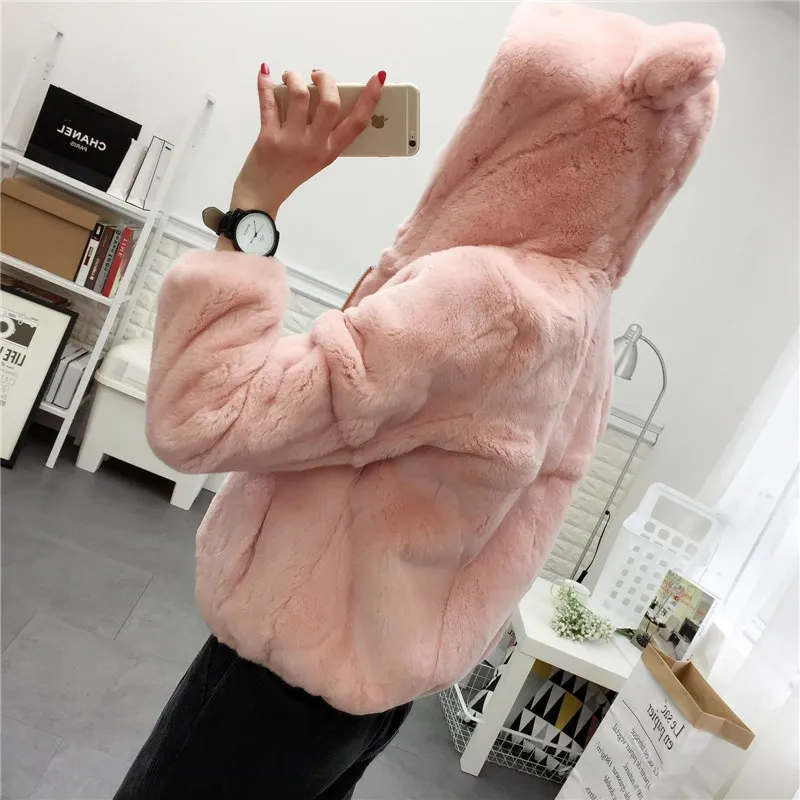 

Ear Hooded Whole Skin Real Rex Rabbit Fur Coats Outerwear Women Zipper Lovely Sweet Natural Fur Jackets for Autumn and Winter
