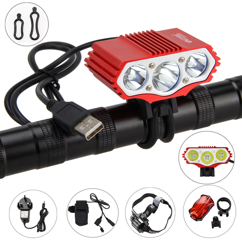 Красный велосипедный налобный фонарь 15000лм 3x XM-L T6, передний велосипедный светильник для кемпинга, головной светильник, безопасный задний светильник, перезаряжаемый аккумулятор