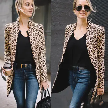 

New Lady Vintage Leopard Print Blazer Notched Collar Long Sleeve Coat Women Female Outerwear Fashion Casaco Feminine Tops Blazer
