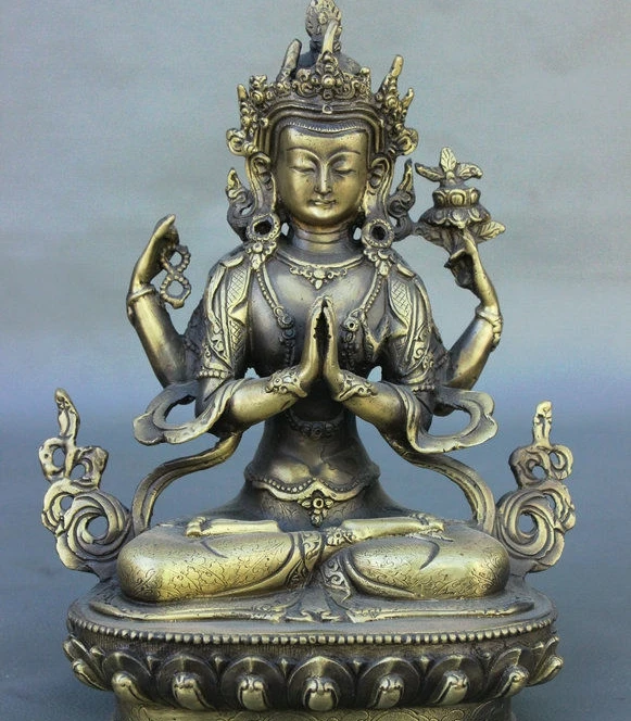 

9 Tibet Buddhism Bronze Sit Lotus 4 Hands Kwan-yin Guanyin Buddha Goddess Statue