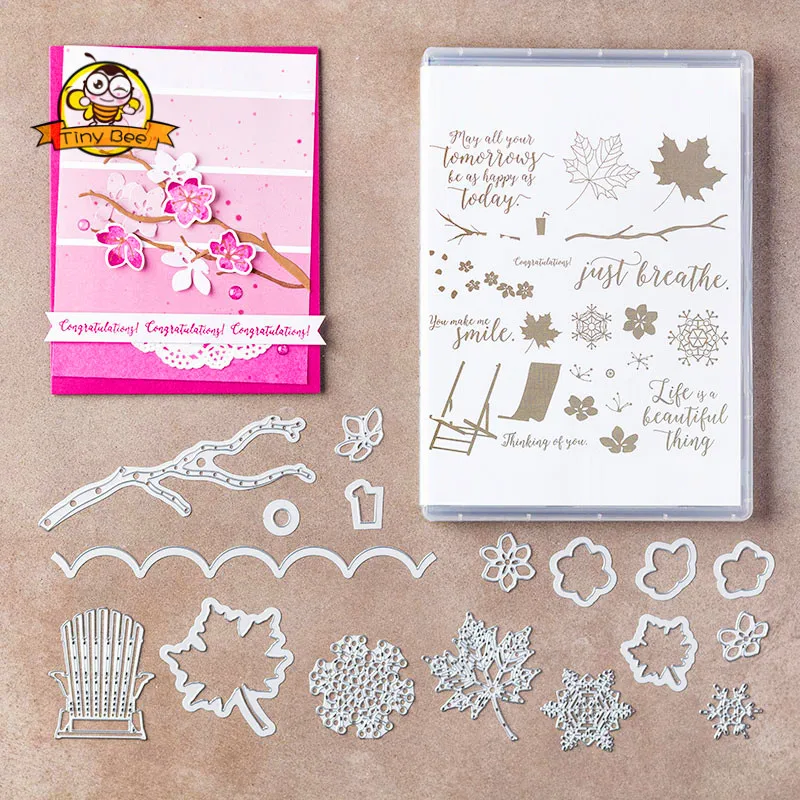 Colorful Seasons Flower Tree Die Clear Stamp and Dies Sets for Scrapbooking DIY Card Making Metal Cutting Dies and Stamps Set