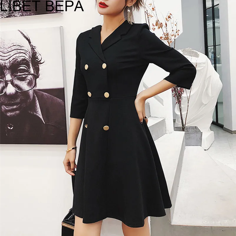 

2019 New Spring Summer Women Dress Vintage Office Lady A-Line Buttoms Big Hem Half Sleeves V-Neck High Waist Mini Dress DR6232
