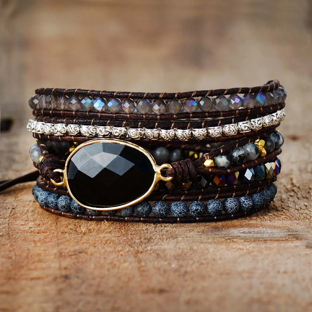 

Native Inspired Designer Leather Bracelet Black Onyx Mix 5 Strands Woven Wrap Bracelets Bohemian Bracelet Dropship