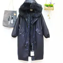 Зима большой реальный воротник лиса свободные из искусственной кожи Длинная ветровка пальто Для женщин теплая Толстая куртка с капюшоном Пальто для будущих мам Студенты Прохладный верхняя одежда