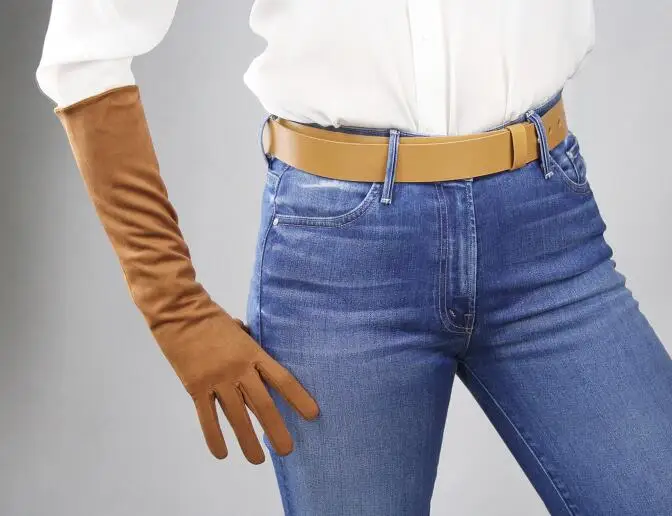 Женские Модные Элегантные Кожаные Перчатки из искусственной замши, женские Вечерние перчатки коричневого цвета, длинные перчатки для вождения 70 см R645 - Цвет: 40cm
