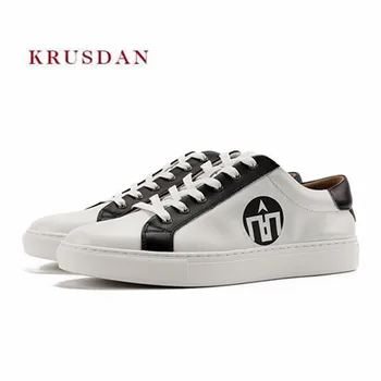 

KRUSDAN Casual Men Sneakers Handmade White Genuine Leather Lace Up Vulcanize Shoes Men's Fashion Hot-Selling Breathable Flats