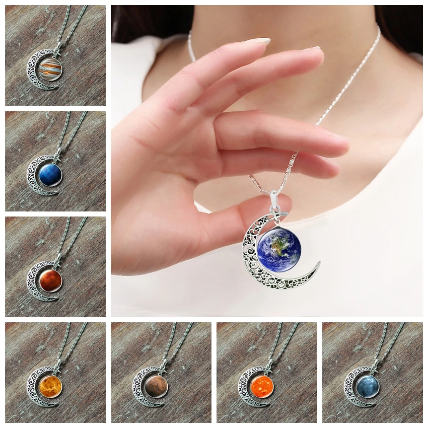 

Galaxy Planet Nebula Glass Cabochon Pendant Necklace Crescent Moon Jewelry Silver Plated Chain Necklace Women Friend Best Gifts