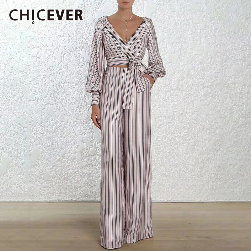 CHICEVER комплект из двух предметов в Корейском стиле полоску с рукавом фонариком и v
