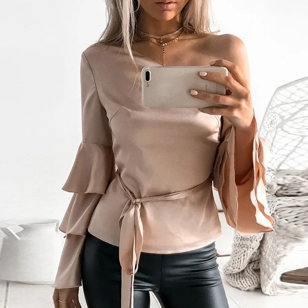 

Women Autumn Off Shoulder Long Lotus Sleeve Shirts Loose Tops Festivals Classics Comfort Elegance Blouse