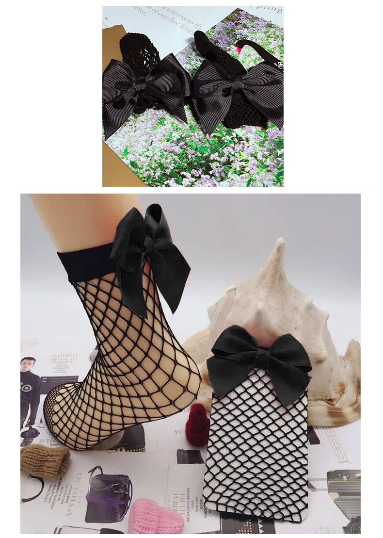 2 Pairs Chic Women's Harajuku Breathable White Bow knot Fishnet Socks.Sexy Hollow out Mesh Nets Socks Ladies Girl's Lolita Style Bow Sox1