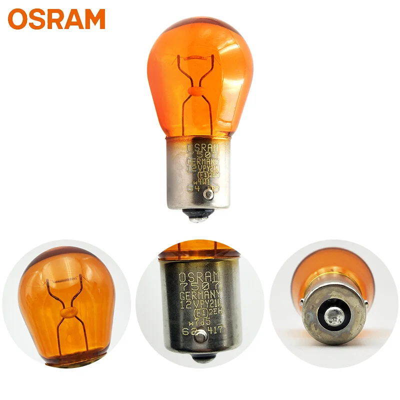 Лампа Ксеноновая OSRAM 12V первоначально 7507 PY21W S25 21W галогенные лампы в Металлической Основы желтый сигнал поворота светильник фонари заднего хода OEM авто лампы стоп сигнала,, 10 шт