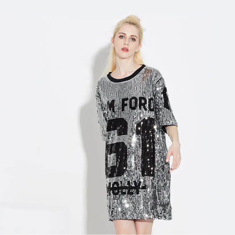 Женская футболка с блестками длинная свободная в стиле хип-хоп надписью 61 Одежда