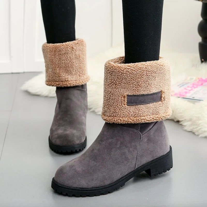 

Women Boots Winter Fashion Flock Leather Women Snow Boots Med Heel Warm Plush Med Calf Women Boots Black Square Heel 2 styles