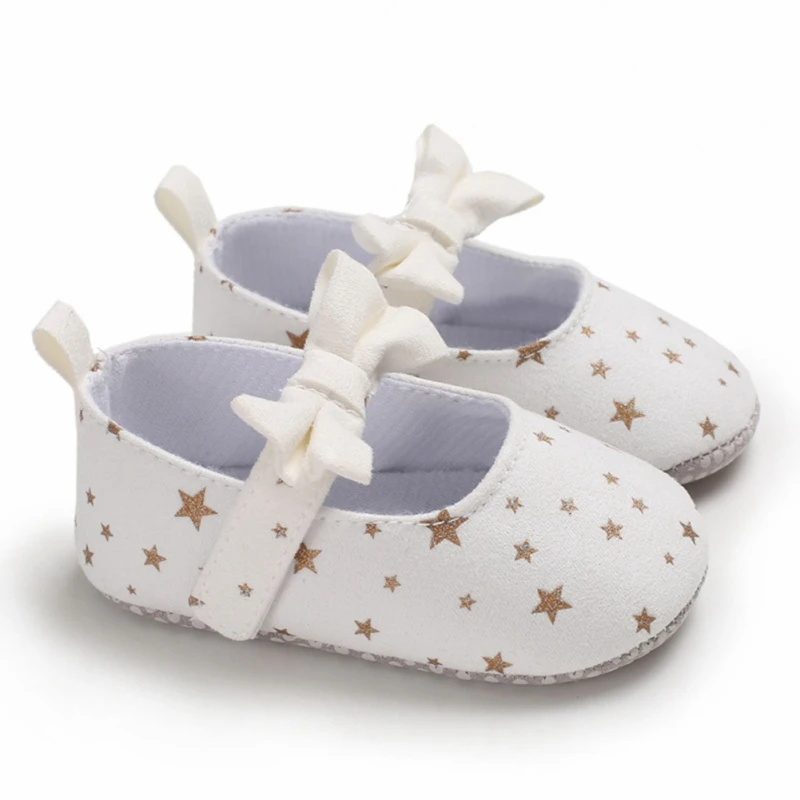 Цветочные кроссовки для новорожденных девочек; Повседневная хлопковая обувь с бантом для малышей; кожаная обувь принцессы с блестками и звездами для маленьких девочек 0-18 мс - Цвет: Слоновая кость