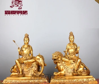 

18" China Manjushri & Samantabhadra Buddha Ride Elephant Lion Bronze Statue