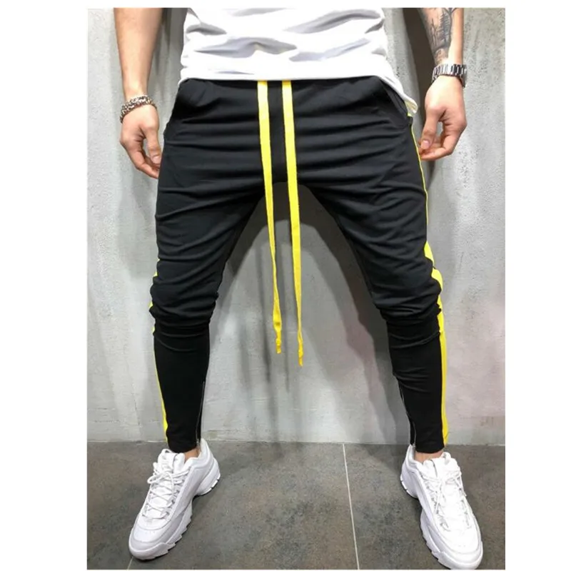 Мужские спортивные штаны для бега, для фитнеса, для бега, для тренировок, Спортивные Леггинсы, спортивная одежда, в полоску, спортивные штаны, для бодибилдинга, колготки - Цвет: Black yellow