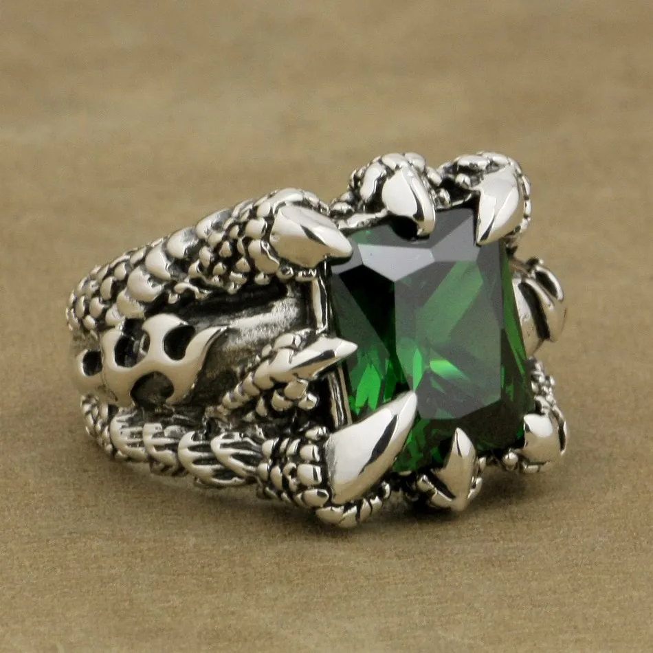 LINSION, 925 пробы, серебряное, огромное, зеленое, CZ камень, коготь дракона, кольцо, мужское, байкерское, в стиле панк, 8T402, американский размер 7,5~ 14