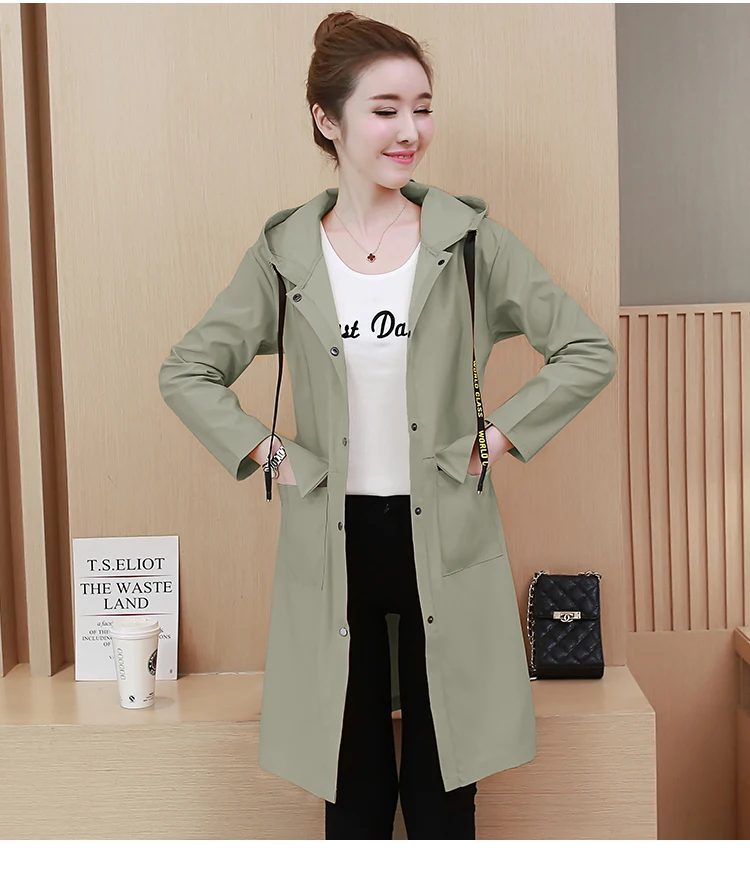 Новые с капюшоном однобортный пиджак ветровка женские средней длины в Корейском стиле Весна Осенняя мода тонкий Для женщин пальто Для женщин