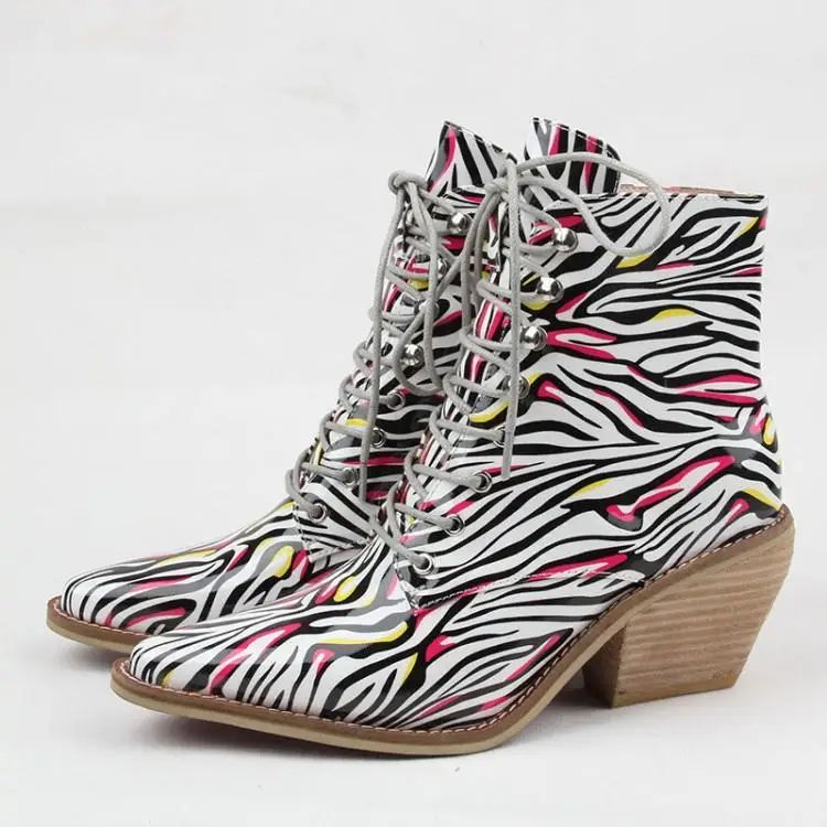 

Printing Leather Ankle Boots For Women Pointed Toe Cross Tied Lace Up Zapatos De Mujer Wedges Heels Shoes Woman Brand Designers