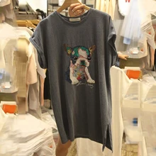Cartoon Puppy Half Sleeve T-shirts for Women 2017 Summer Casual Split Long T Shirt Female Funny Fashion Ladies Suit Mother Tops