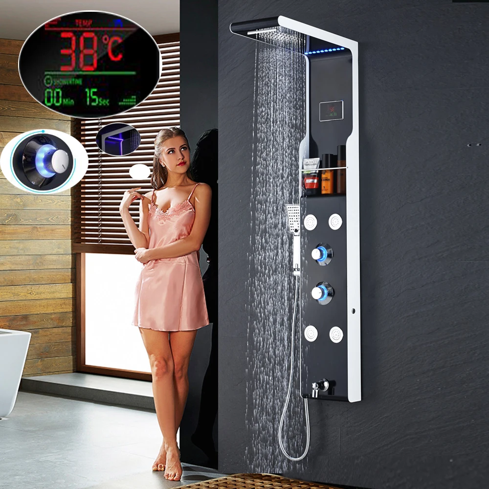 Black White Led light Shower Panel Rotate SPA Massage Jets Shower