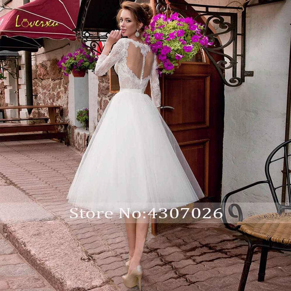Loverxu очаровательное бальное свадебное платье с глубоким декольте изящное кружевное платье невесты с длинным рукавом и пуговицами платье для невесты длиной до середины икры размера плюс