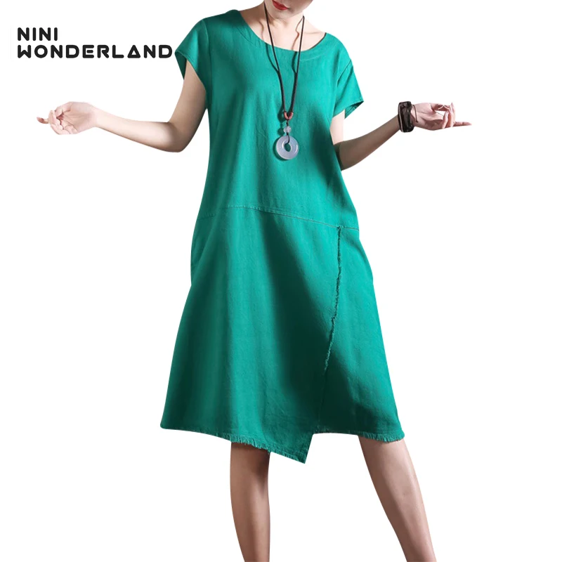 

NINI WONDERLAND 2019 summer dress Women patchwork solid color cotton linen irregular knee-length casual Asymmetrical dresses