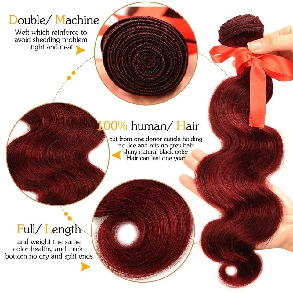 Бордовые пряди, волосы 99J, перуанские волнистые волосы, красные пряди, 3 шт., человеческие волосы для наращивания, густые пряди, не Реми Pinshair