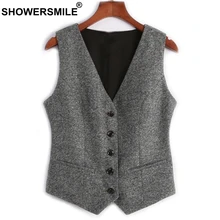 SHOWERSMILE Womens Gray Vest Vintage Suit Vest With Pockets Single Breasted Slim Fit Waistcoat Sleeveless Jacket European Style