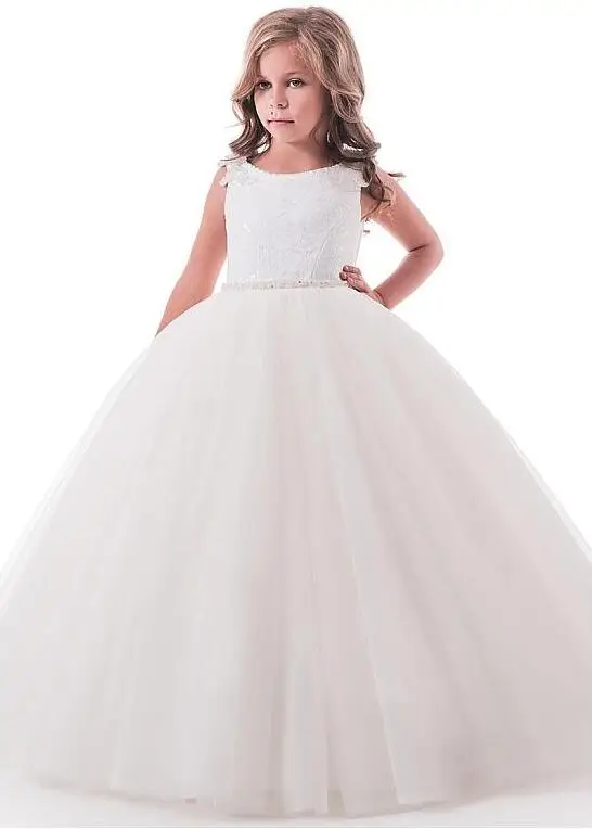 Delicate Tulle Lace Scoop Neckline Floor-length Flower Girl Dresses With Beaded Lace Appliques Beaded Belt Communion Dress Delicate Tulle Lace Scoop Neckline Floor-length Flower Girl Dresses With Beaded Lace Appliques Beaded Belt Communion Dress