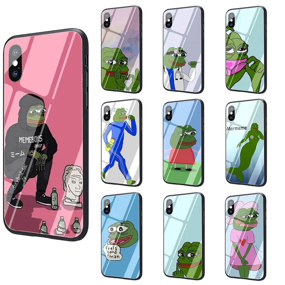 Internet Meme Smug Frog Pepe Tempered Glass TPU Black Case for iPhone X or 10 8 7 6 6S Plus Xr Xs Max