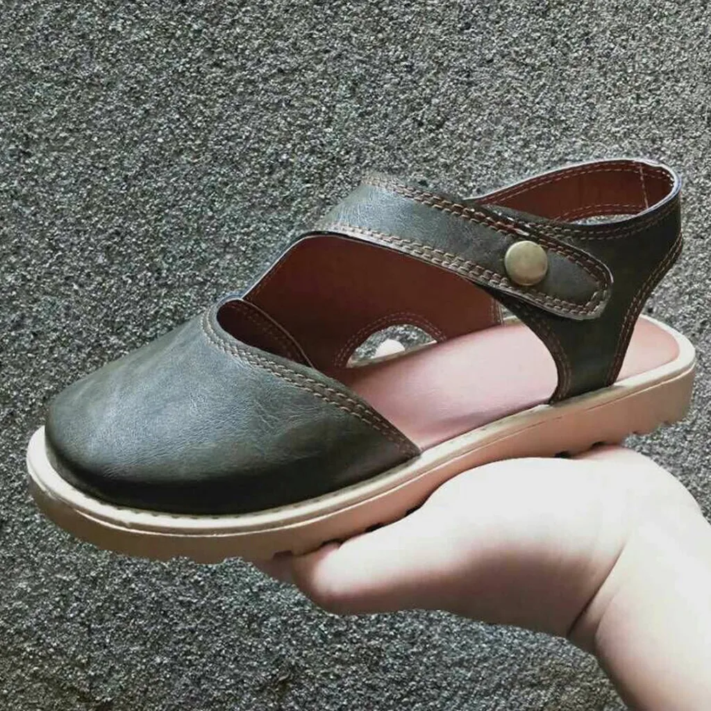Летняя обувь для женщин; сандалии с круглым носком; сандалии с пуговицами в стиле ретро; обувь на плоской подошве; женская обувь для среднего и пожилого возраста