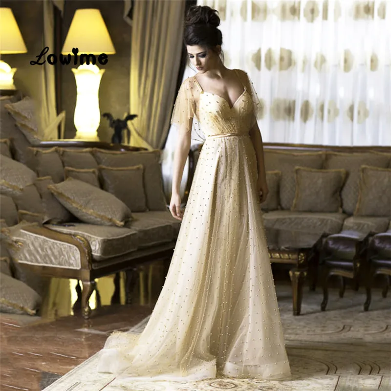 Sexy Long Light Yellow Beaded Tulle Formal Evening Party Dress Turkish