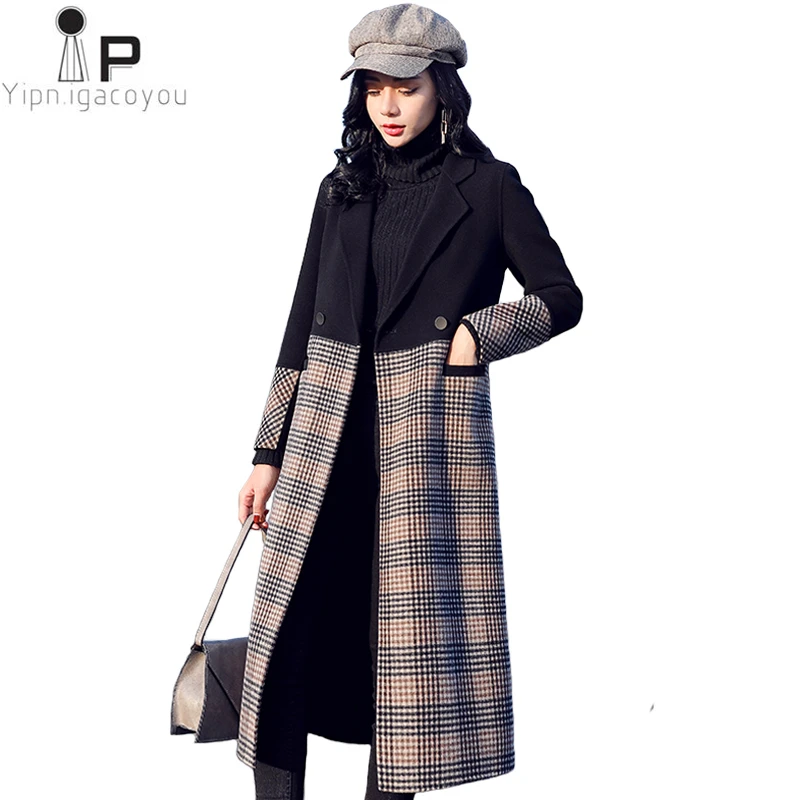

Autumn Winter Fashion Women Long Wool jacket 2019 New High Quality Spliced Plaid Double breasted Woolen Coat Elegant Ladies Coat
