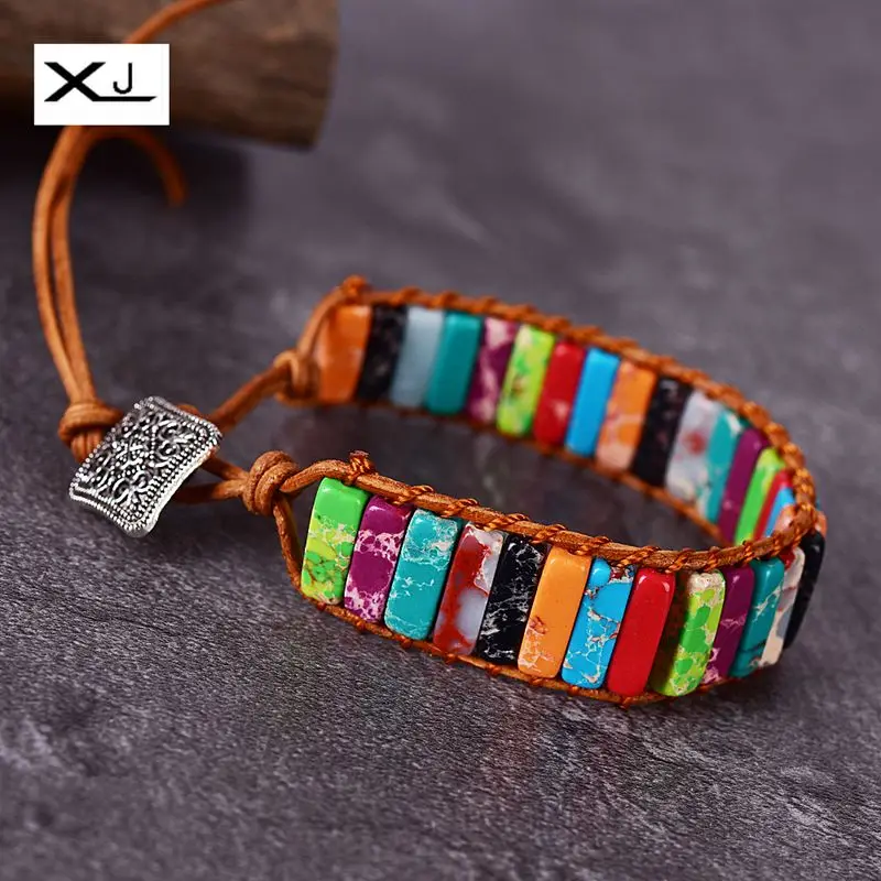 

XIN JIAO Free shipping Handmade Imperial Jaspers stone Thread Tube Beads Leather Cowhide Rope Wrap Bracelets Jewelry Women Gift