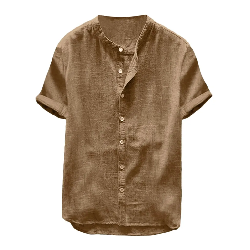 JAYCOSIN Мужская рубашка из хлопка и льна, летняя рубашка с коротким рукавом и воротником-стойкой, однотонные рубашки для мужчин, повседневные официальные топы, блуза на пуговицах May9