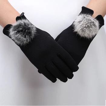 

Vintage Women Winter Elegant Cotton Gloves Real Rabbit Fur Pompom Cotton Glove Touch Screen Driver's Gloves Mittens Ball Gloves