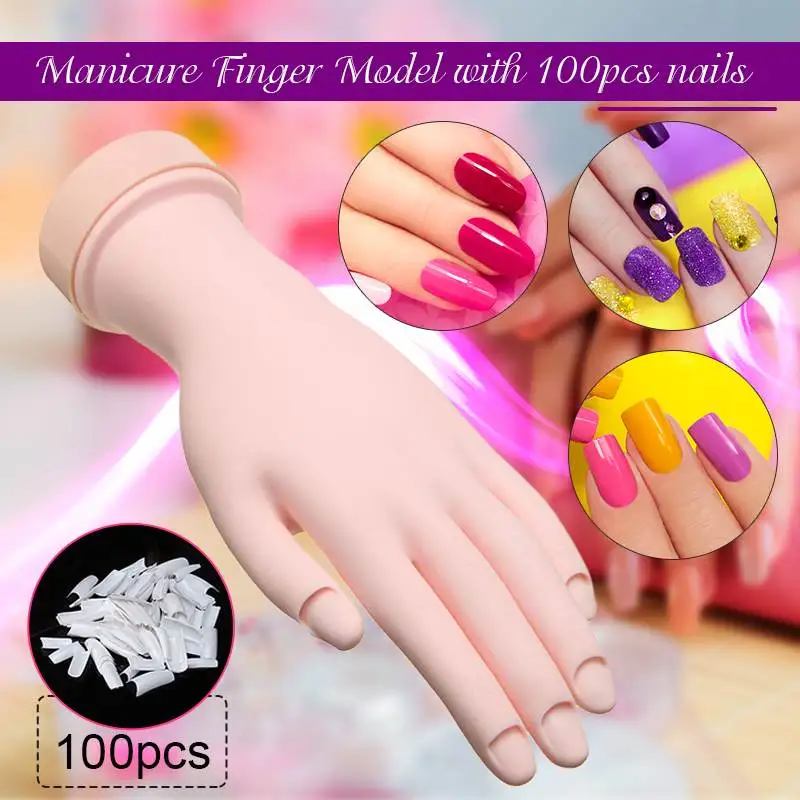 100pcs False Nails Silicone Prosthetic Practice Hand Flexible Fake Manicure Nail Art Practice Training Hand Model Display