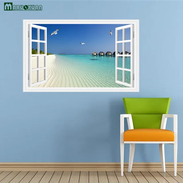 Maruoxuan Vinyl Wall Decorations Art Living Room Bedroom Maruoxuan Vinyl Wall Decorations Art Living Room Bedroom False Window Ocean Beach