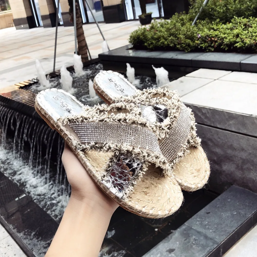 

Slippers Women Shoes Rhinestone Bling Slippers Female Slides Hemp Rope Weaving Woman Outside Summer Shoes Zapatos Mujer