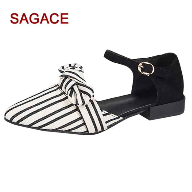 

HB@SAGACE Ladies Sandals Women Pointed Toe Stripe Shoes Shallow Square Heel Buckle Strap Casual Sandalias Mujer 2019