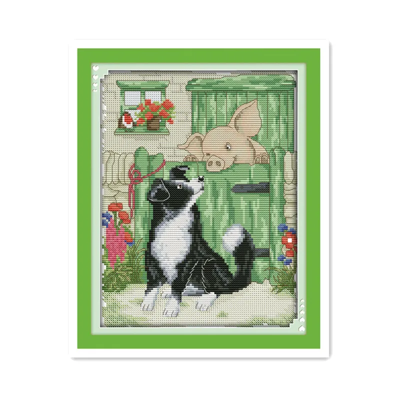 

11CT 14CT Printed Stitch Cross Stitch Set, Puppy and Pig Animal Pattern Hand-stitched Wall Ornament Hanging Picture