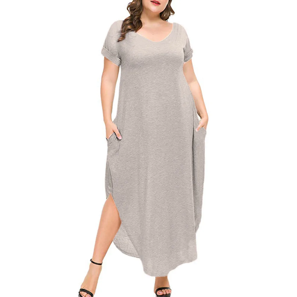 

KLV 2019 Women's Plus Size V-Neck Loose Long Dress Short Sleeve Side Split Maxi Dresses free shipping D4