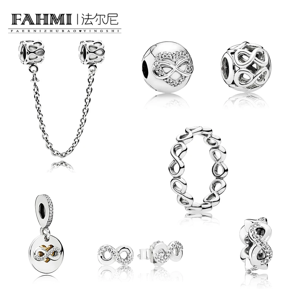 

FAHMI 100% 925 Sterling Silver 1:1 HEART OF INFINITY LOVE Ring EARRINGS CLIP SPACER HANGING CHARM Beads Raindrops Safety Chain